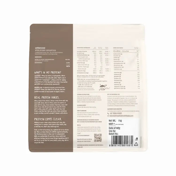 The Whole Truth Unflavoured Raw Whey Protein Concentrate 26 g Pack of 1 KG