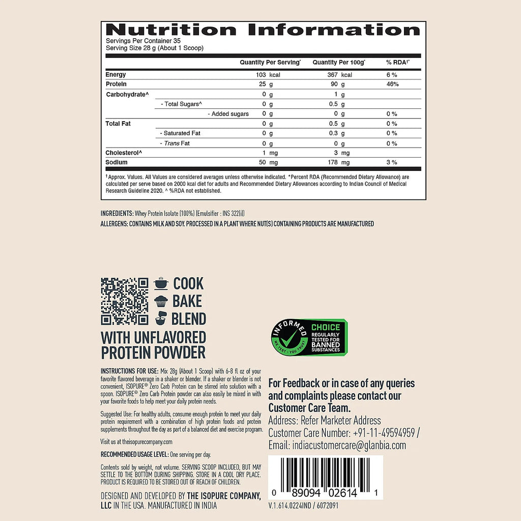 Isopure Unflavored Protein Powder – 1 kg,  Zero-carb