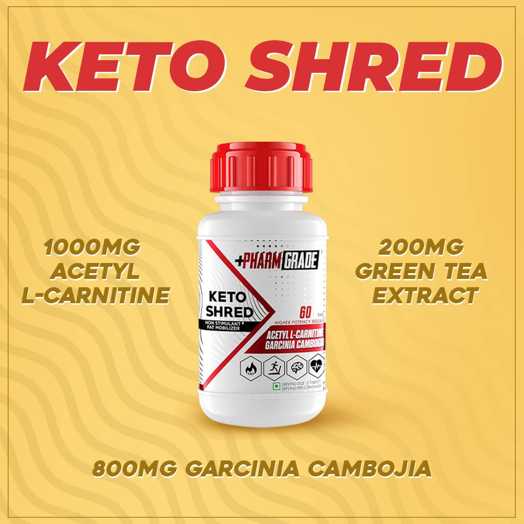Pharmgrade Keto Shred | 1000mg Acetyl-L-Carnitine, 800mg Garcinia Cambogia, 200mg Green Tea Extract (60 Tab) - Veg
