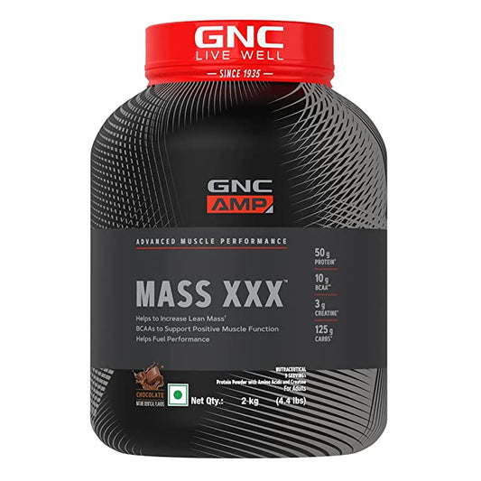 GNC AMP Mass XXX Gainer | Boosts Lean Muscle Gains | Amps Up Workout Results | Increases Strength & Endurance | USA Formulated | 50g Protein | 10g BCAA | 125g Carbs | 3g Creatine | (Chocolate, 2 kg)