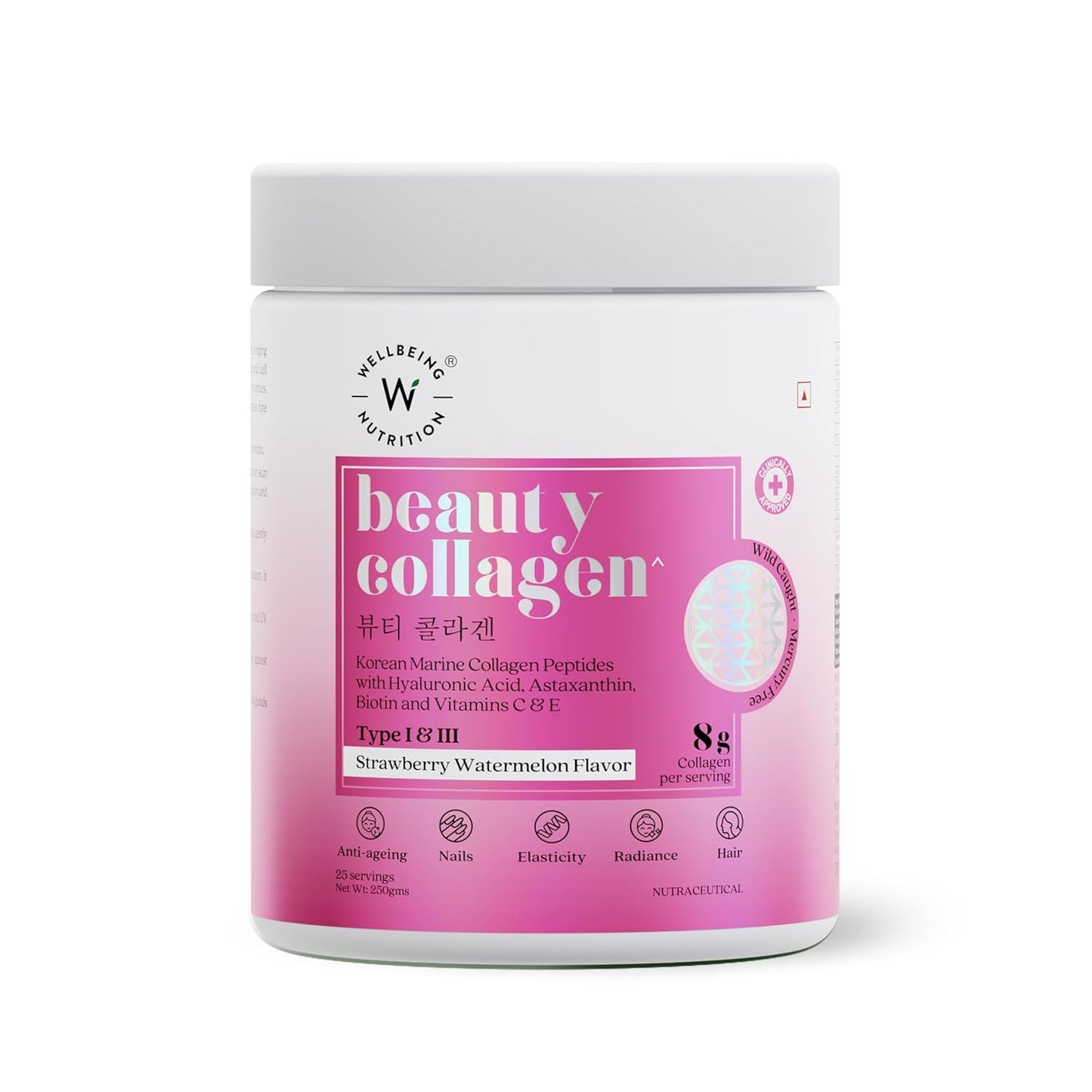 Wellbeing Nutrition Beauty Collagen with Hyaluronic Acid | Collagen Supplements for Women & Men | Collagen Powder with Biotin and Vitamins for Skin Radiance & Anti-Aging | 250g-Strawberry Watermelon