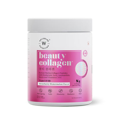 Wellbeing Nutrition Beauty Collagen with Hyaluronic Acid | Collagen Supplements for Women & Men | Collagen Powder with Biotin and Vitamins for Skin Radiance & Anti-Aging | 250g-Strawberry Watermelon