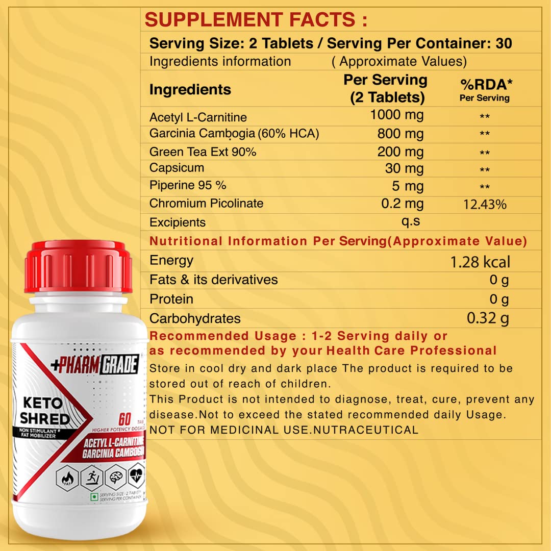 Pharmgrade Keto Shred | 1000mg Acetyl-L-Carnitine, 800mg Garcinia Cambogia, 200mg Green Tea Extract (60 Tab) - Veg