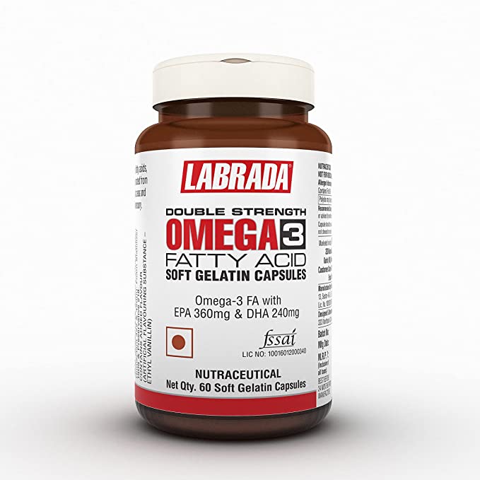 Labrada Double Strength OMEGA 3 Fatty Acid (60 mg Omega-3 Fatty Acid, 360 mg EPA, 240 mg DHA) Enteric Coated - 60 Soft Gelatin Capsules