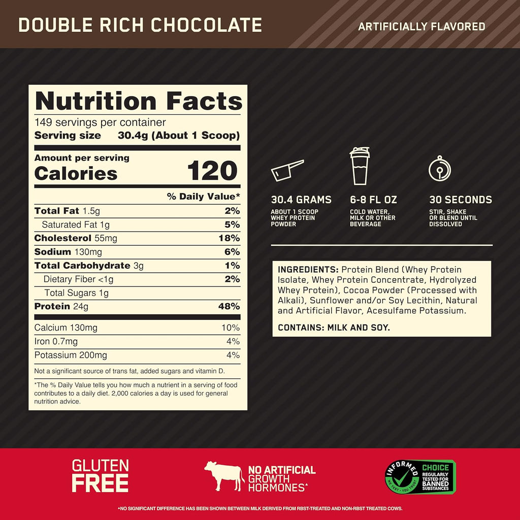 Optimum Nutrition (ON) Gold Standard 100% Whey Protein Powder- 4.53 kg, 149 servings (Double Rich Chocolate)