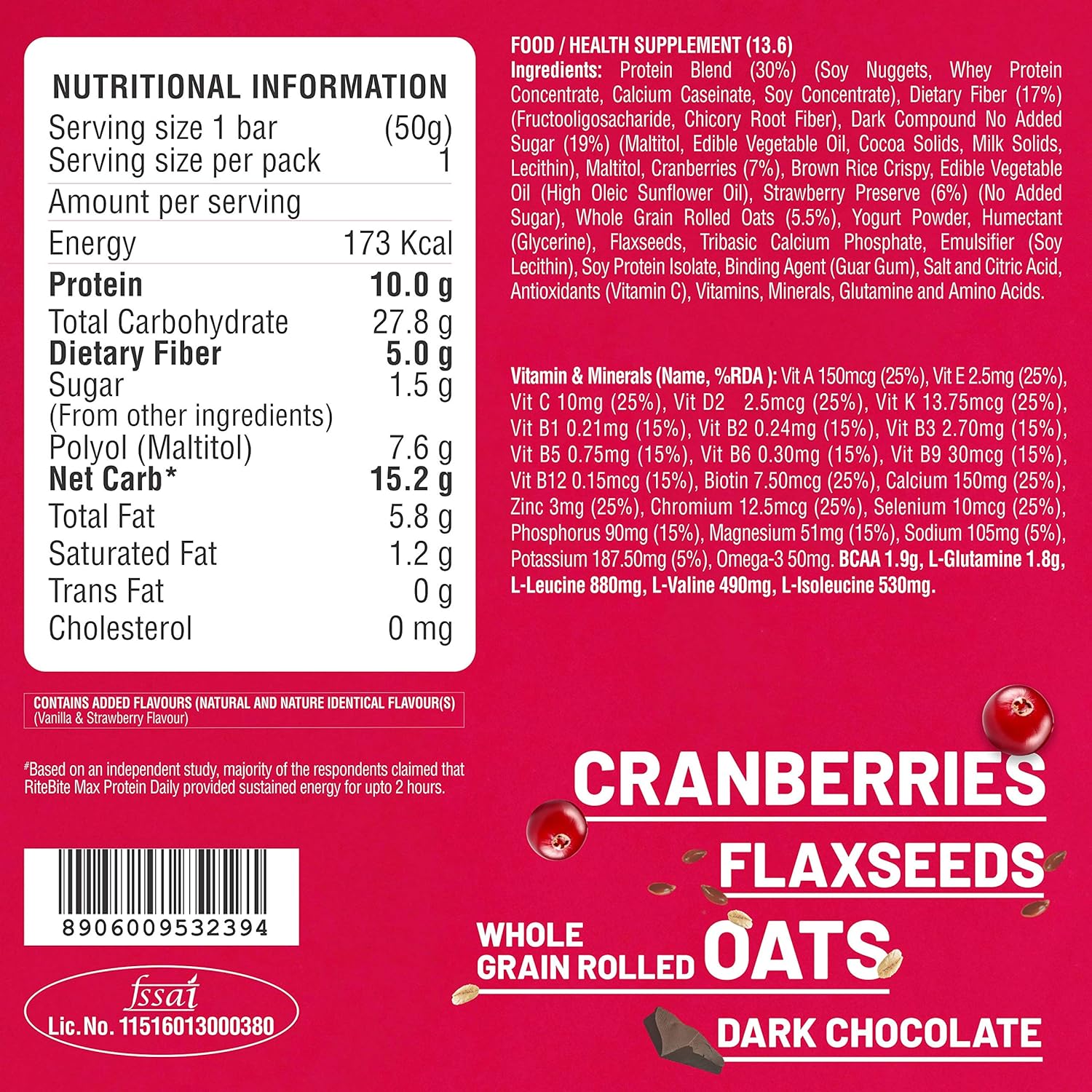 RiteBite Max Protein Daily Choco Berry 10g Protein Bars [Pack of 24]