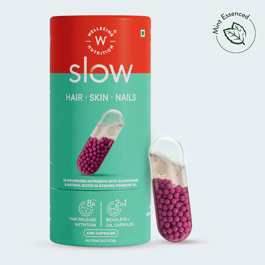 Wellbeing Nutrition Slow Skin Hair and Nails Capsule for Men & Women | Skin Hair Nails Vitamins | Glutathione, Hyaluronic acid, Biotin | For Glowing Skin, Hair Growth and Strong Nails (60 Capsules)