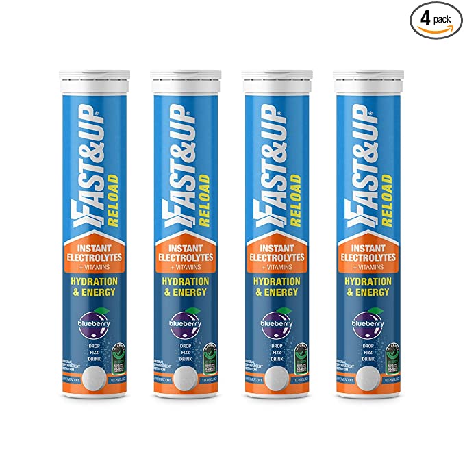 Fast&Up Reload Instant Hydration and Energy Drink - 80 Effervescent Tablets with all 5 Essential Electrolytes + Low Sugar and Added Vitamins - Certified Electrolytes Drink - Blueberry flavour