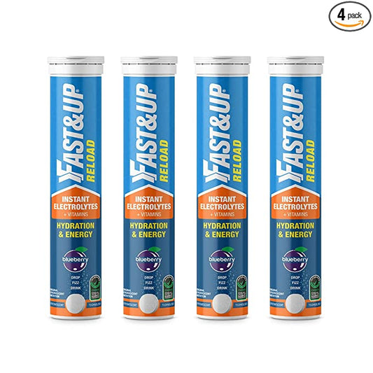 Fast&Up Reload Instant Hydration and Energy Drink - 80 Effervescent Tablets with all 5 Essential Electrolytes + Low Sugar and Added Vitamins - Certified Electrolytes Drink - Blueberry flavour